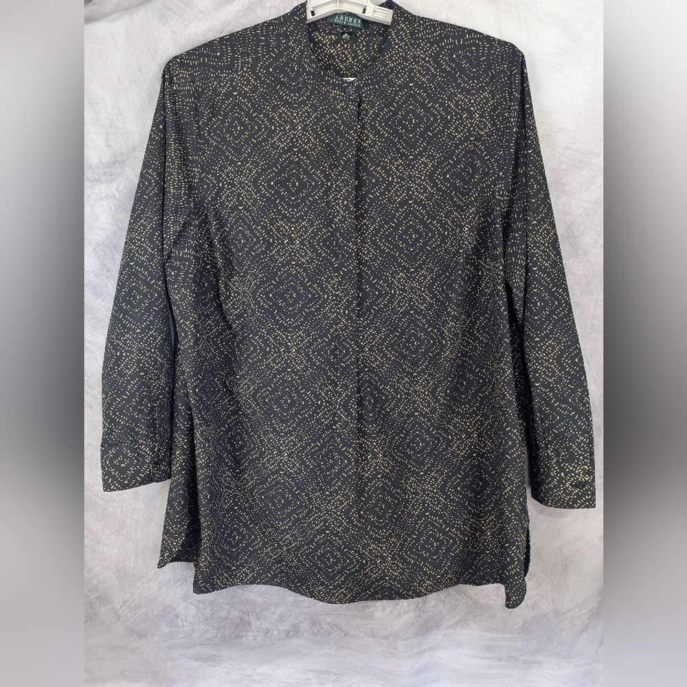 Lauren Ralph Lauren 2x Black And Tan Blouse V-neck No Collar